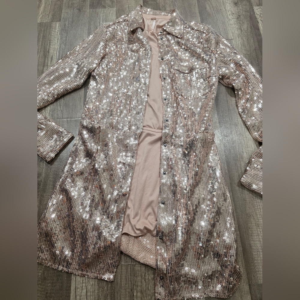 Free People Sophie Sequin Mini Shirt Dress Champagne Gold New Boho Festival Y2K - Picture 14 of 16